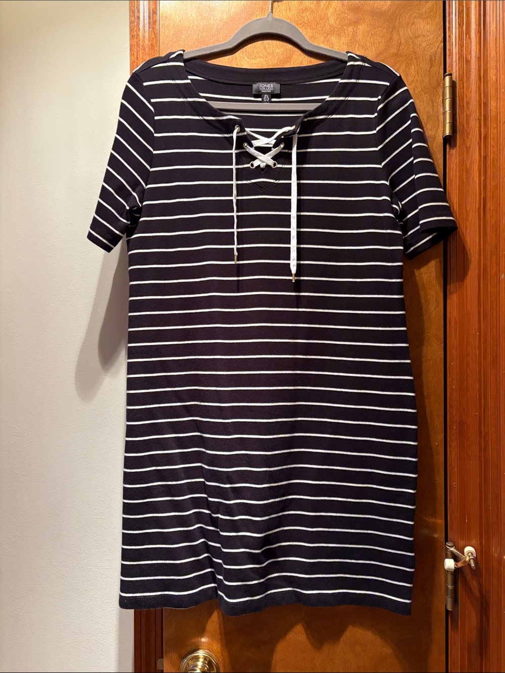Jones Wear Navy and White Striped Lace-Up Dress
